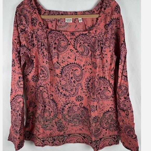 Esprit Tops - Esprit Coral Paisley Embroidered Peasant Blouse Womens 10 M Bell Sleeve Beaded